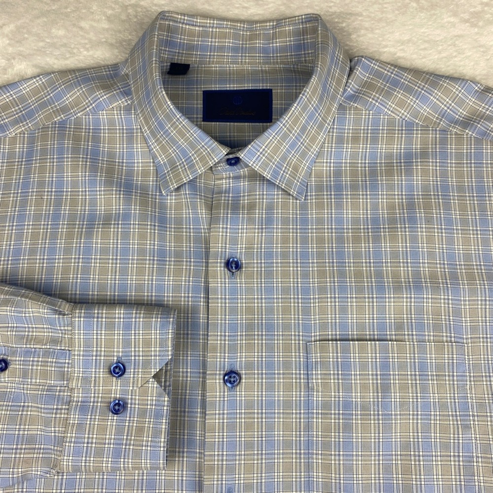 David Donahue Mens XXL Blue Tan Plaid Cotton Casual Button Down Shirt LS